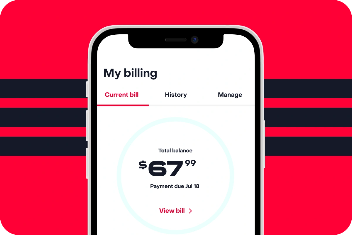 A smartphone screen showing the billing section of the MyFrontier mobile app: My billing: current bill: Total balance $67.99, Payment due Jul 18