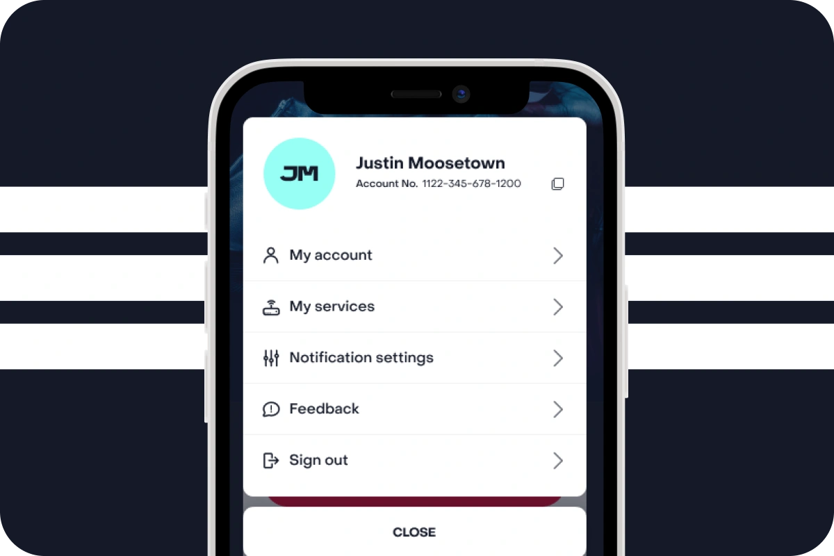 Phone screen showing options in MyFrontier Mobile App: My Account, My Services, Notification Settings, Feedback, Sign Out, Close