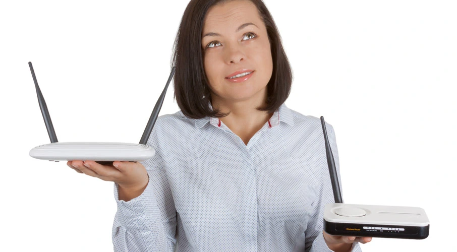 Woman considering internet connection options with DSL internet