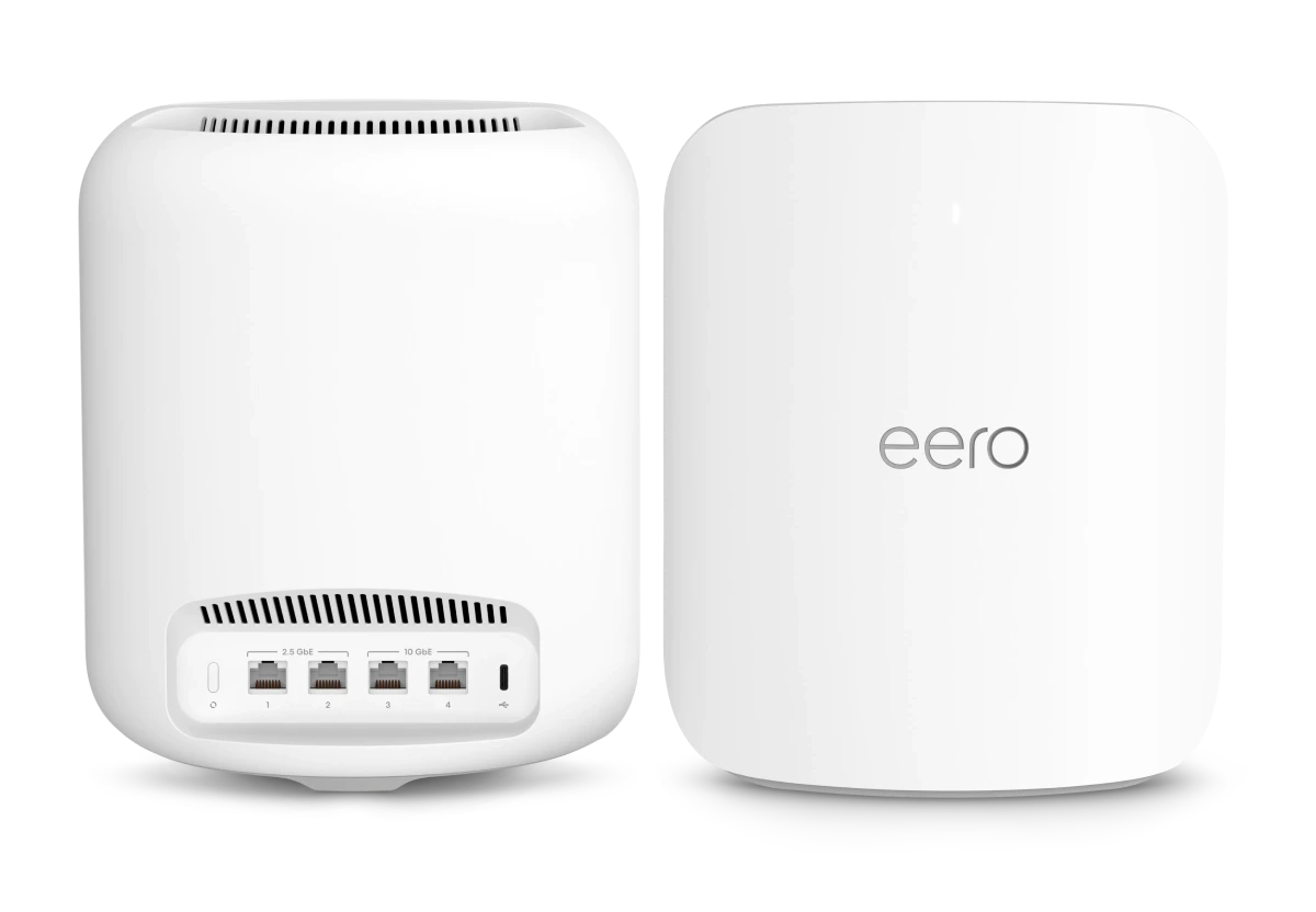 Back and front of an Amazon eero Max 7 Wi-Fi router used with Frontier Fiber Internet