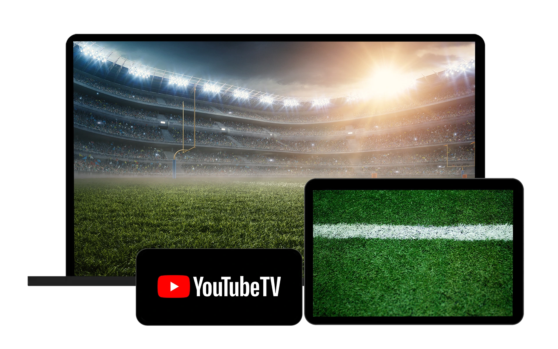 A laptop showing a football field, a tablet showing a football field, and a smartphone showing YouTube TV