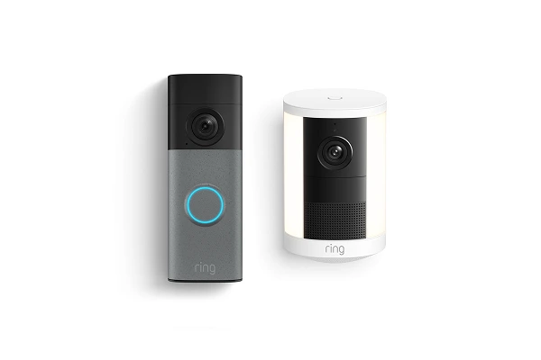 Ring Battery Doorbell 2K (speckled gray) and Ring Spotlight Cam with Battery 2K (white)