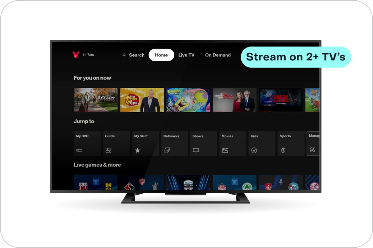 A television screen with the Fios TV interface home screen and a speech bubble overlay that reads 'Stream on 2+ TV's'.