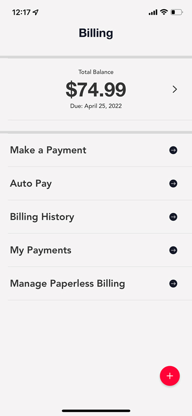 The MyFrontier App billing menu