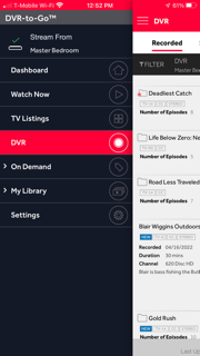 DVR menu of DVR-to-Go