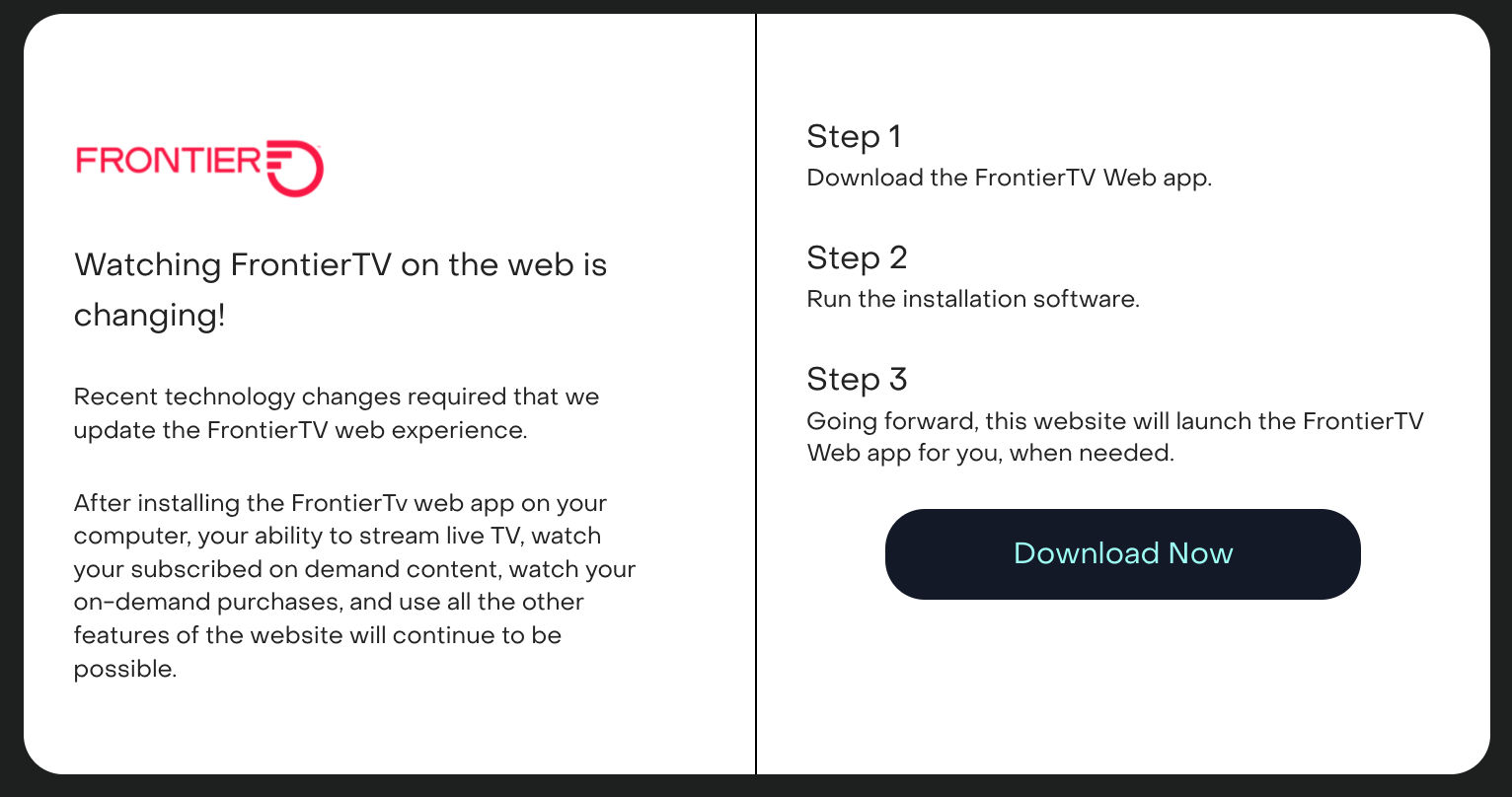If the Frontier TV Everywhere website detects that the app is not installed, it offers you the download.