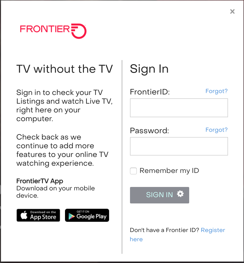 The FrontierTV web app launches, opening the sign-in screen.